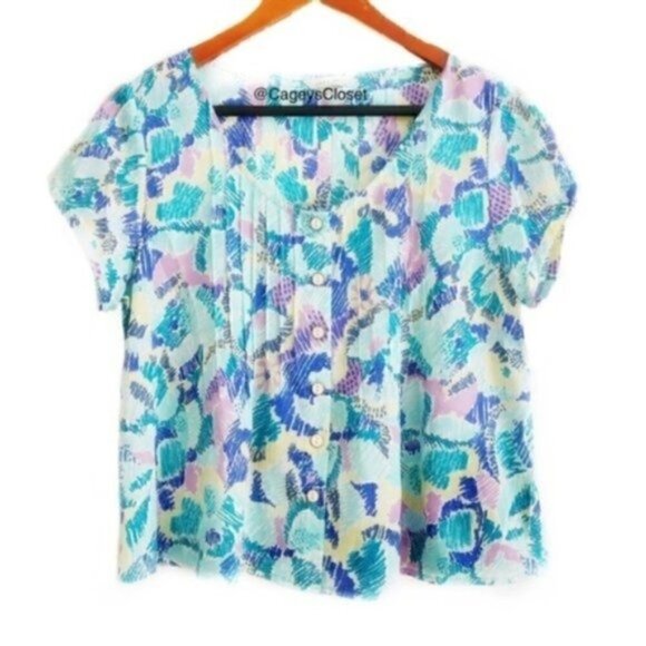 I Love H81 Crop Top M Boxy Retro Pastel Blue Print Pleated Button Down Oversized - Picture 1 of 7